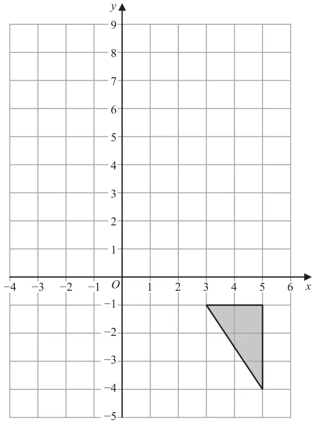 Coordinate grid with x from −4 to 6 and y from −5 to 9; the shaded triangle has vertices (3, −1), (5, −1) and (5, −4)