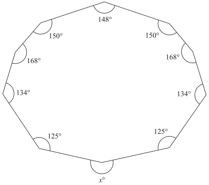 A 10-sided polygon with interior angles 148°, 150°, 168°, 134°, 125° going round one side and 150°, 168°, 134°, 125° going round the other side; at the bottom vertex the angle x° is marked on the outside of the polygon