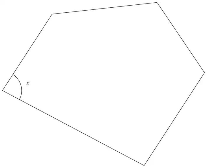 A five-sided polygon with the angle at the left-hand vertex marked x; two of its sides are parallel