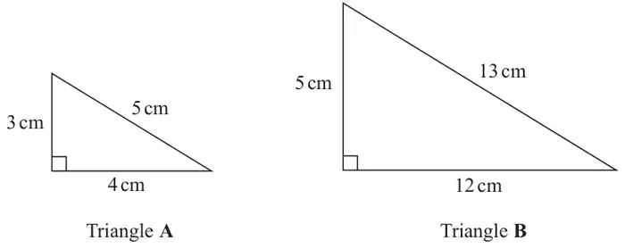 Right-angled triangle A with sides 3 cm, 4 cm and 5 cm, and right-angled triangle B with sides 5 cm, 12 cm and 13 cm