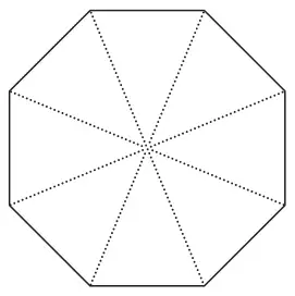 Regular octagon with its four diagonals drawn as dotted lines through the centre, dividing it into 8 equal triangles