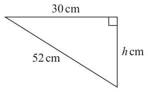 Right-angled triangle with horizontal side 30 cm, vertical side h cm and hypotenuse 52 cm