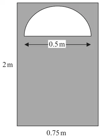 Rectangular door 0.75 m wide and 2 m high, shaded, with an unshaded semicircular window near the top whose diameter is 0.5 m