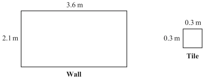 Rectangular wall 3.6 m by 2.1 m and a square tile 0.3 m by 0.3 m