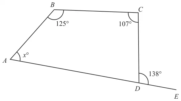 Quadrilateral ABCD with angle B = 125°, angle C = 107° and angle A = x°; AD is extended to E and the angle CDE = 138°