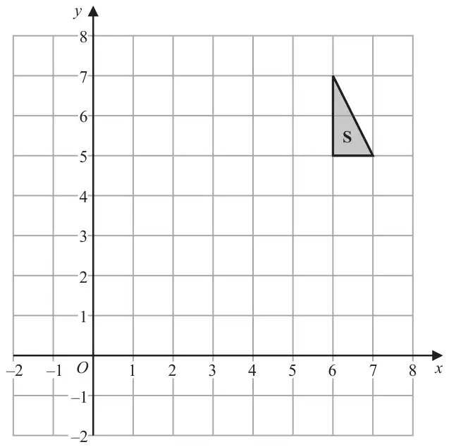 Grid with x from -2 to 8 and y from -2 to 8; triangle S has vertices (6, 5), (7, 5) and (6, 7)