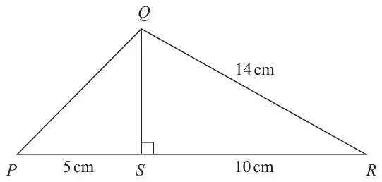 Triangle PQR with base PR; S is on PR with QS perpendicular to PR; PS = 5 cm, SR = 10 cm and QR = 14 cm