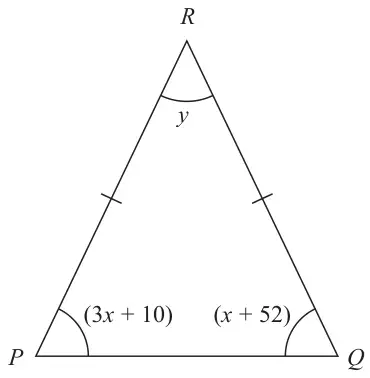 Triangle PQR with RP and RQ marked equal; angle at R is y, angle at P is (3x + 10) and angle at Q is (x + 52)