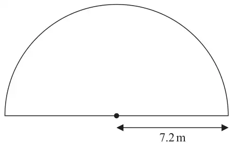 Semicircle with its centre marked on the diameter and the radius labelled 7.2 m