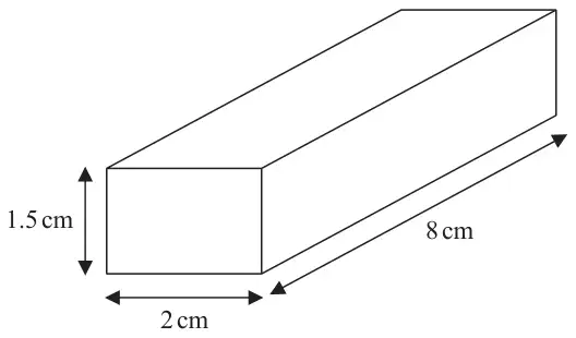 Cuboid 2 cm wide, 1.5 cm high and 8 cm long