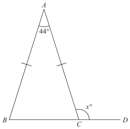 Isosceles triangle ABC with angle BAC = 44°; BC is extended to D and the exterior angle ACD is marked x°