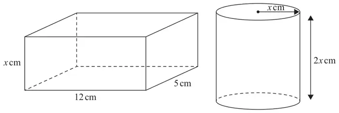 Cuboid with dimensions x cm, 12 cm and 5 cm, and a cylinder with radius x cm and height 2x cm