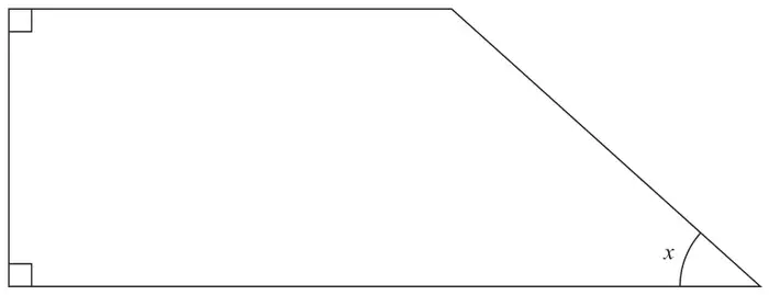 Quadrilateral with a vertical left side, horizontal top and bottom sides with right angles at the top-left and bottom-left corners, and a slanted right side; the acute angle at the bottom-right corner is marked x