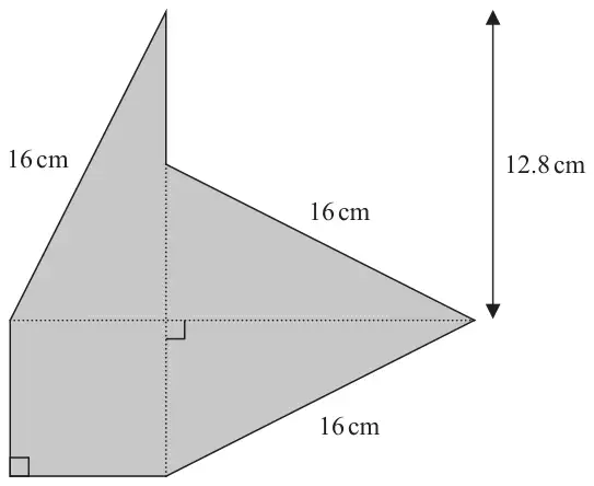 Shaded shape made of a square with three identical right-angled triangles; each hypotenuse is 16 cm and a vertical height of 12.8 cm is marked