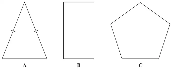 Shape A: a triangle with two sides marked equal; shape B: a rectangle; shape C: a regular pentagon