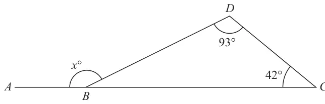 Straight line ABC with triangle BCD above it; angle D is 93 degrees, angle C is 42 degrees, and the angle x degrees is between AB and BD