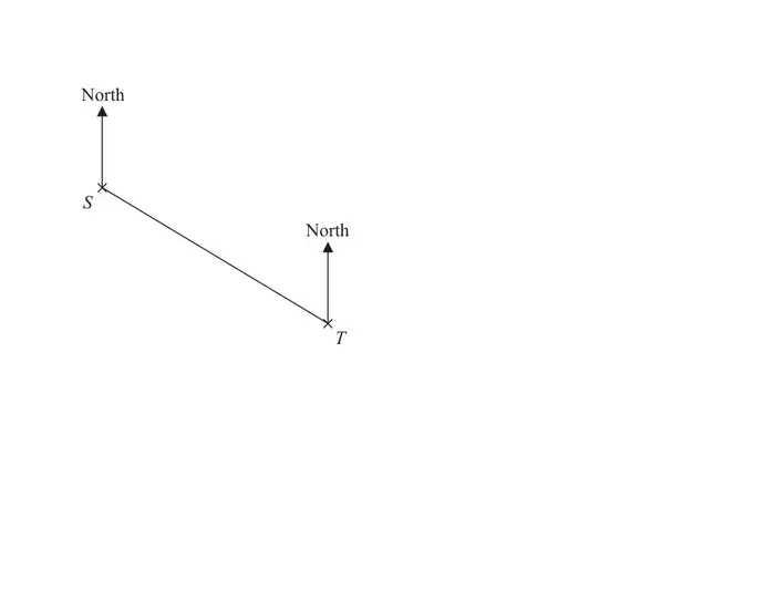 Scale drawing showing lighthouse S with a North arrow, and lighthouse T to the south-east of S with a North arrow; S and T are joined by a straight line