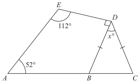 Quadrilateral ABDE with A, B and C on a straight line; angle EAB is 52 degrees, angle AED is 112 degrees, angle EDB is a right angle, BD and CD are marked equal, and angle BDC is x degrees