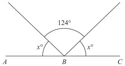 Straight line ABC with two lines from B; the angle between them is 124 degrees and each makes an angle of x degrees with the line ABC