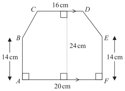 Hexagon ABCDEF: AF = 20 cm at the bottom, CD = 16 cm at the top, parallel to AF; AB = 14 cm and FE = 14 cm are vertical sides with right angles at A and F; the perpendicular height from CD to AF is 24 cm; BC and DE slope inwards to the top