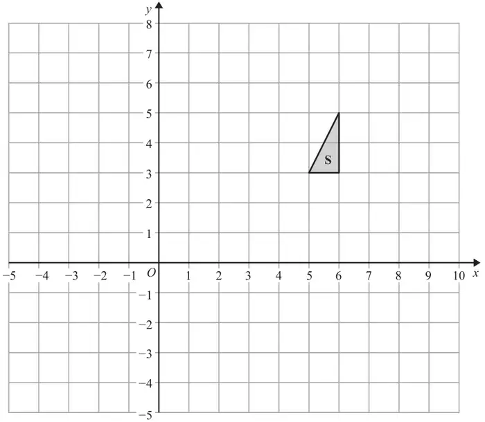 Grid with x from -5 to 10 and y from -5 to 8; triangle S has vertices (5, 3), (6, 3) and (6, 5)