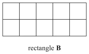 Rectangle B: a 5 by 2 grid of centimetre squares, none shaded