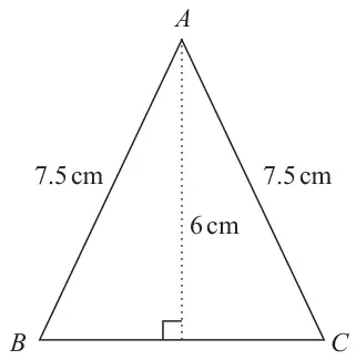 Isosceles triangle ABC with AB = AC = 7.5 cm and a dotted perpendicular height of 6 cm from A to BC