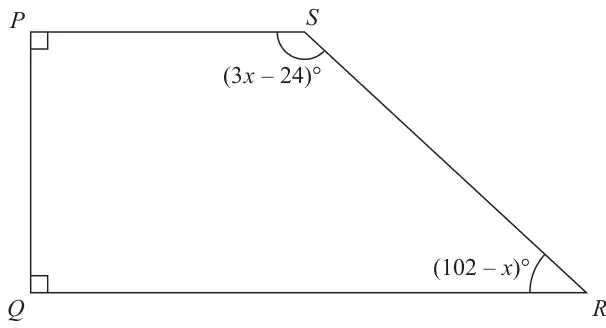 Trapezium PQRS with right angles at P and Q; angle PSR is (3x − 24)° and angle QRS is (102 − x)°