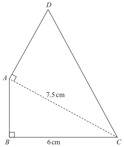 Quadrilateral ABCD with a right angle at B and a right angle at A between AD and the diagonal AC; BC = 6 cm and AC = 7.5 cm