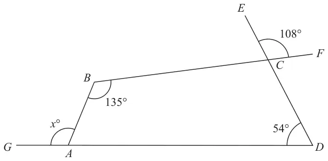 Quadrilateral ABCD; GAD is a straight line with angle x degrees at A between AG and AB; angle ABC is 135 degrees; ECD and BCF are straight lines crossing at C with angle ECF 108 degrees; angle ADC is 54 degrees