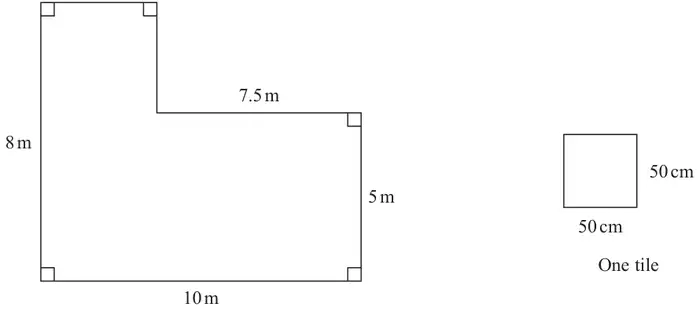 Plan of an L-shaped garden: bottom side 10 m, left side 8 m, right side 5 m, top step 7.5 m; one square tile 50 cm by 50 cm