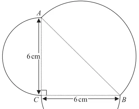 Right-angled triangle ABC with the right angle at C, CA = 6 cm and CB = 6 cm; a semicircle is drawn outwards on each of AB, BC and CA