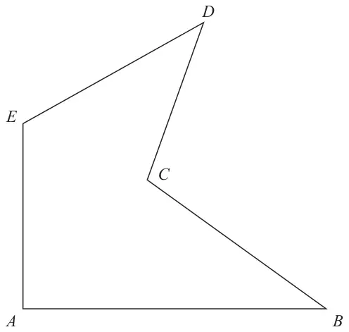 Five-sided polygon ABCDE with a reflex angle at C