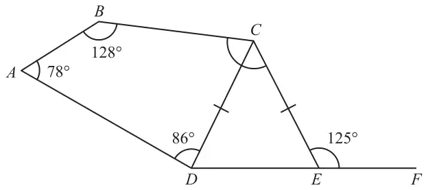 Quadrilateral ABCD with angle A = 78 degrees, angle B = 128 degrees and angle ADC = 86 degrees; isosceles triangle CDE with CD = CE; D, E and F on a straight line with angle CEF = 125 degrees