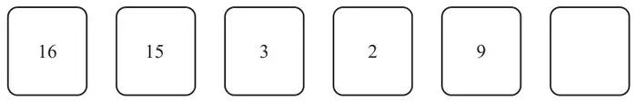 Six cards showing 16, 15, 3, 2, 9 and a blank card