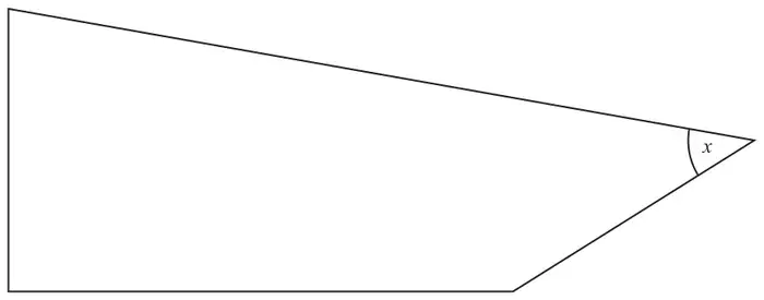 A four-sided shape with a vertical left side, a horizontal base, a long sloping top edge and a short sloping edge meeting at a sharp angle marked x on the right