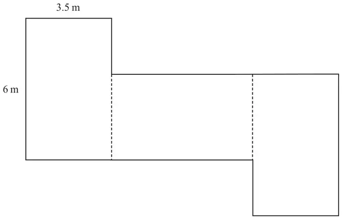 Garden plan made of three identical 6 m by 3.5 m rectangles: one vertical rectangle on the left, a horizontal rectangle joined to its right side, and a vertical rectangle joined to the right end, lower than the first