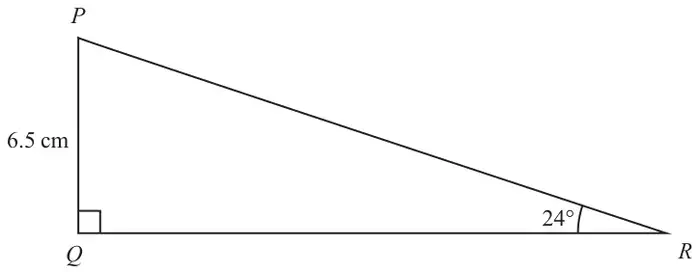 Right-angled triangle PQR with the right angle at Q, PQ = 6.5 cm and angle PRQ = 24 degrees