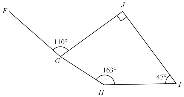 Quadrilateral GHIJ with angle J = 90°, angle GHI = 163°, angle HIJ = 47°. Line FG is drawn from G, and angle FGJ = 110°