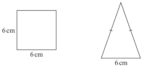 A square with sides 6 cm and an isosceles triangle with base 6 cm and two equal sides marked