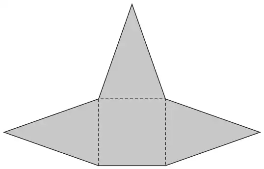 Shaded shape made of the square with one isosceles triangle on its top side and one on each of its left and right sides