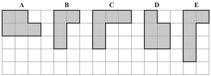 Five shaded six-sided shapes A, B, C, D and E drawn on a square grid