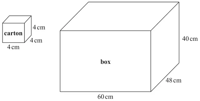 A cube-shaped carton measuring 4 cm by 4 cm by 4 cm and a cuboid box measuring 60 cm by 48 cm by 40 cm