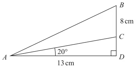 Right-angled triangle ABD with the right angle at D, AD = 13 cm; C lies on BD with BC = 8 cm and angle CAD = 20°