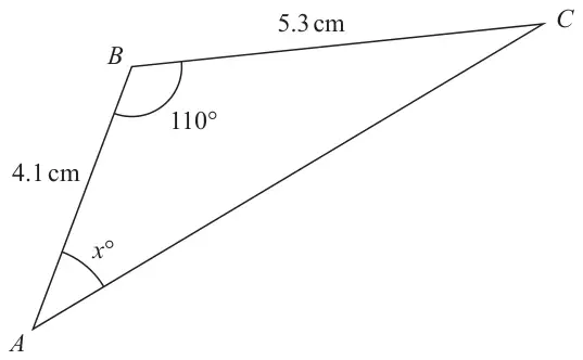 Triangle ABC with AB = 4.1 cm, BC = 5.3 cm, angle ABC = 110° and angle BAC = x°