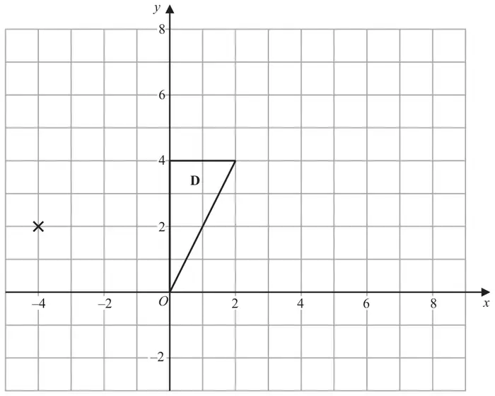 Grid with x from −5 to 9 and y from −3 to 8 showing triangle D with vertices (0, 0), (0, 4), (2, 4) and a cross marked at (−4, 2)