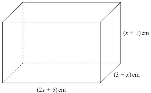 Cuboid with length (2x + 5) cm, height (x + 1) cm and depth (3 − x) cm