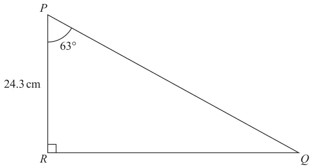 Right-angled triangle PQR with the right angle at R; PR is 24.3 cm and angle QPR is 63 degrees