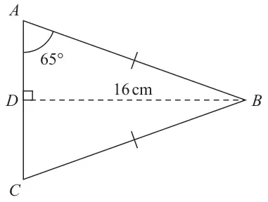 Isosceles triangle ABC with AB = CB; D is on AC with DB perpendicular to AC, DB = 16 cm and angle DAB = 65 degrees