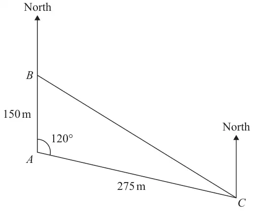 Ship B is due north of ship A with AB = 150 m; AC = 275 m; the angle at A measured clockwise from north to AC is 120 degrees; north lines are drawn at A and C